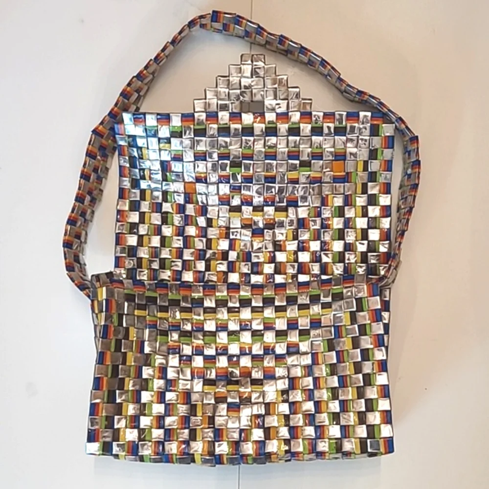 Colorful Woven Shoulder Bag Flap Closure Bright Shiny Handbag Artistic Patchwork